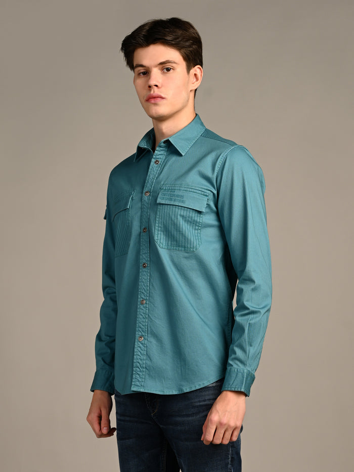 Full Sleeves Straight Fit Slate Emrald Green Heavy Twill Double Pocket Solid Shirt