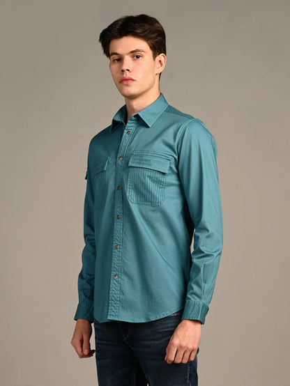 Full Sleeves Straight Fit Slate Emrald Green Heavy Twill Double Pocket Solid Shirt