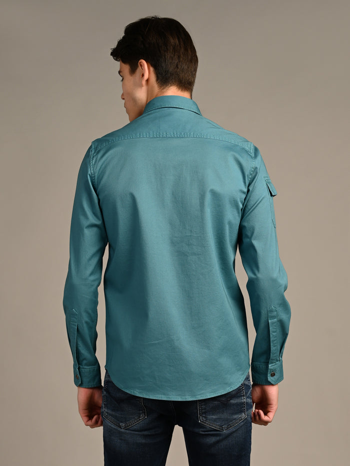 Full Sleeves Straight Fit Slate Emrald Green Heavy Twill Double Pocket Solid Shirt