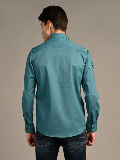 Full Sleeves Straight Fit Slate Emrald Green Heavy Twill Double Pocket Solid Shirt