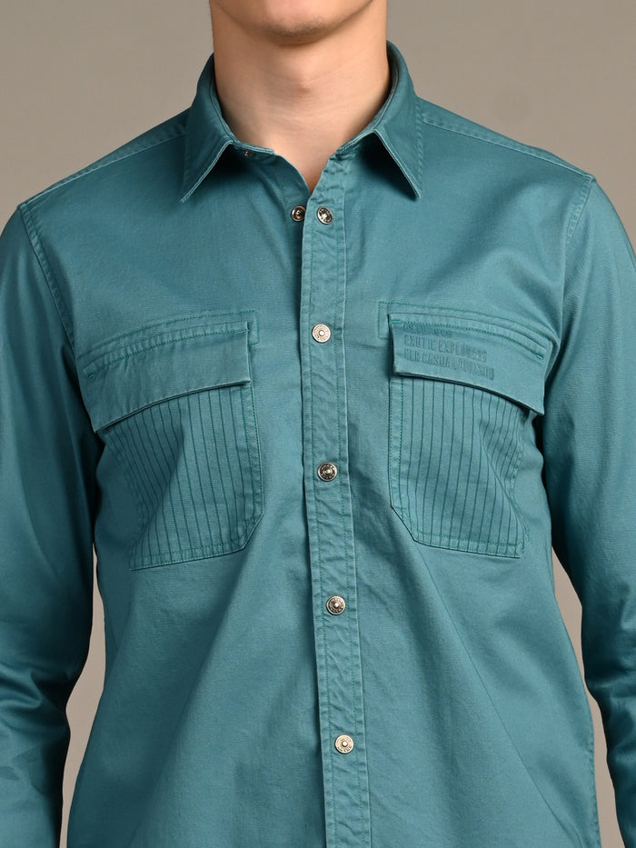 Full Sleeves Straight Fit Slate Emrald Green Heavy Twill Double Pocket Solid Shirt