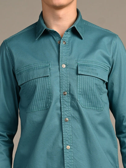 Full Sleeves Straight Fit Slate Emrald Green Heavy Twill Double Pocket Solid Shirt