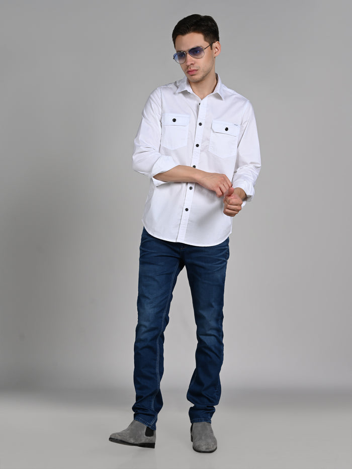 Full Sleeves Straight Fit White Double Pocket Solid Shirt