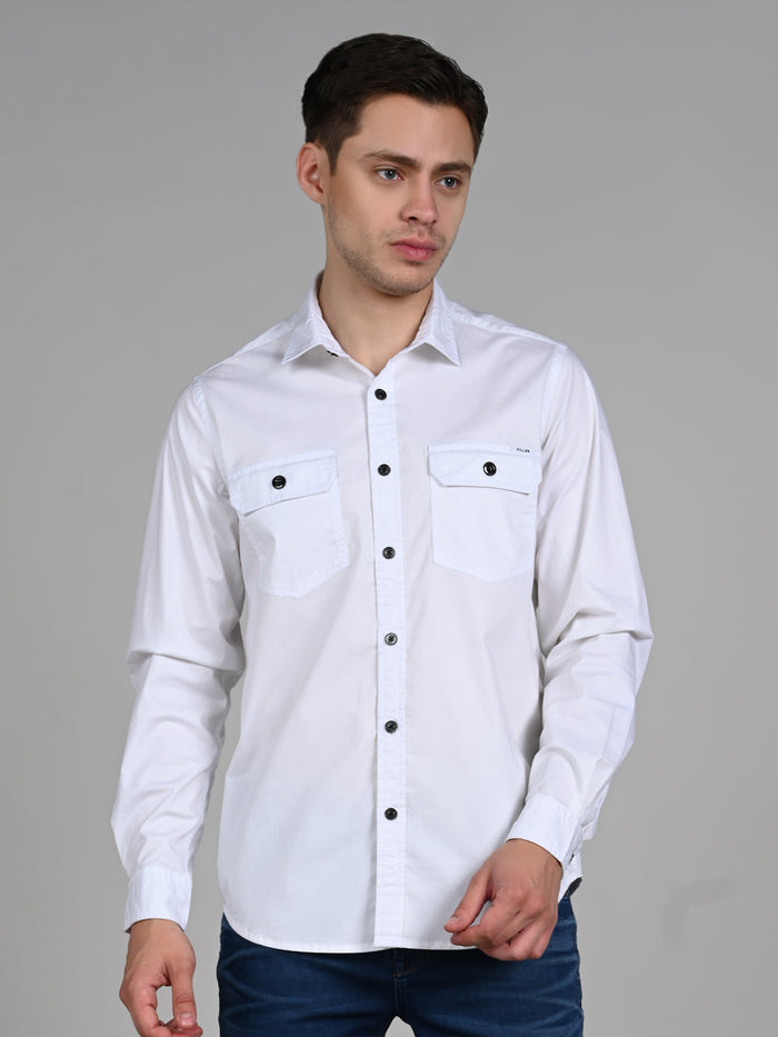 Full Sleeves Straight Fit White Double Pocket Solid Shirt