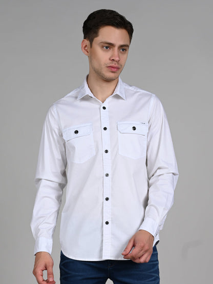 Full Sleeves Straight Fit White Double Pocket Solid Shirt