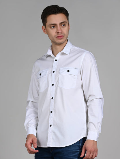 Full Sleeves Straight Fit White Double Pocket Solid Shirt