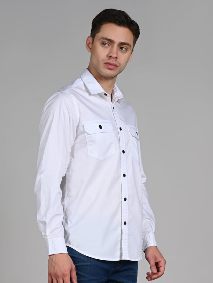 Full Sleeves Straight Fit White Double Pocket Solid Shirt