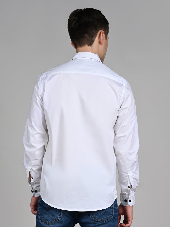 Full Sleeves Straight Fit White Double Pocket Solid Shirt