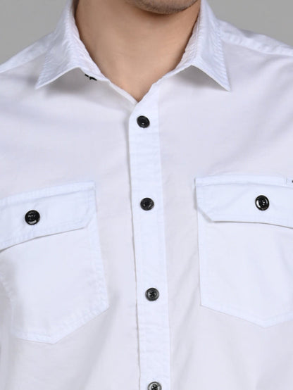 Full Sleeves Straight Fit White Double Pocket Solid Shirt