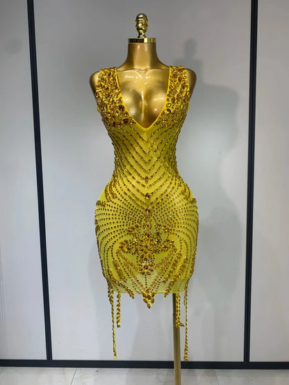 Genesis sparkly rhinestone bodycon mesh dress for birthday celebration and nightclub styling