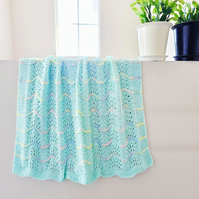 Hand Knitted Baby Blanket - Wave Pattern Pastel Green with Mulit-Colored Trim