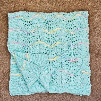 Hand Knitted Baby Blanket - Wave Pattern Pastel Green with Mulit-Colored Trim