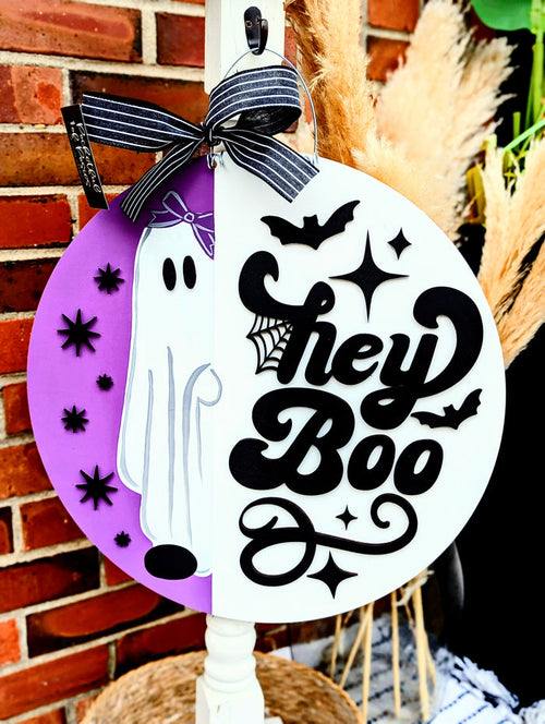 Hey Boo Retro Door Hanger: Purple