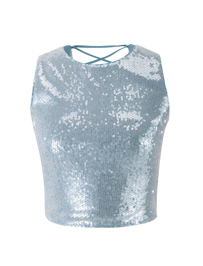 The TIGERMIST ILYANA TOP - BLUE : POWDER BLUE is a sleeveless, light blue crop top adorned with shiny sequins. It features a high neckline and a crisscross strap design at the back.