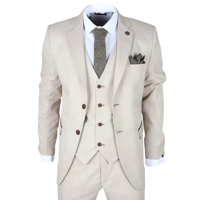 Men's beige 3 piece tailored fit wedding suit with notch lapel blazer, matching vest, white dress shirt, and brown buttons, SKU: IM04_suit_Beige_34
