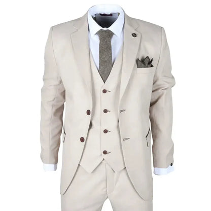 Men's beige 3 piece tailored fit wedding suit with notch lapel blazer, matching vest, white dress shirt, and brown buttons, SKU: IM04_suit_Beige_34
