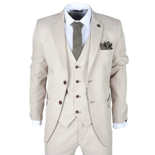 Men's beige 3 piece tailored fit wedding suit with notch lapel blazer, matching vest, white dress shirt, and brown buttons, SKU: IM04_suit_Beige_34