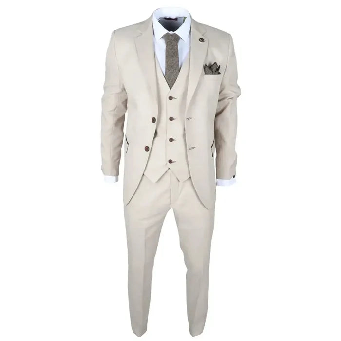Close-up of men's beige 3 piece tailored fit wedding suit with notch lapel blazer, vest, white shirt, and brown buttons, SKU: IM04_suit_Beige_34