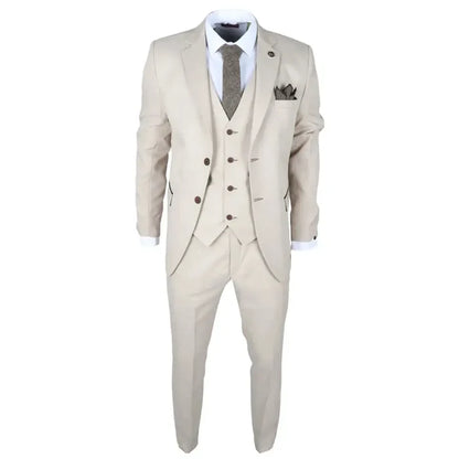 Close-up of men's beige 3 piece tailored fit wedding suit with notch lapel blazer, vest, white shirt, and brown buttons, SKU: IM04_suit_Beige_34
