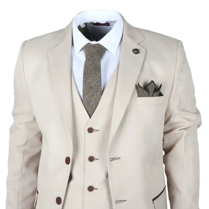 Men's beige 3 piece tailored fit wedding suit with notch lapel blazer, vest, white dress shirt, and brown buttons, SKU: IM04_suit_Beige_34