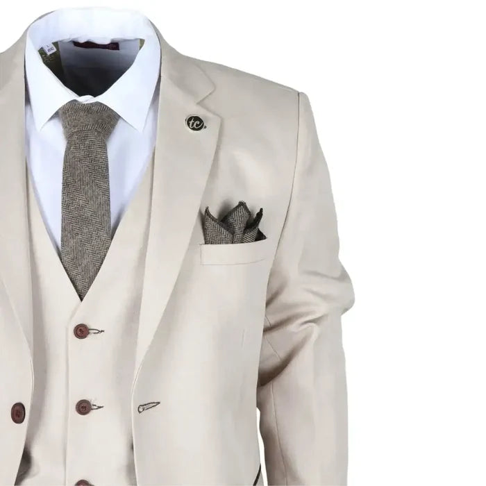 Men's beige 3 piece tailored fit wedding suit with vest, white shirt, and brown buttons, featuring a herringbone tie and pocket square, SKU: IM04_suit_Beige_34
