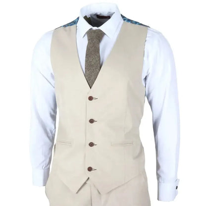 Men's beige tailored fit wedding suit vest with brown buttons, worn over a white dress shirt with blue patterned shoulder accents, paired with a brown herringbone tie, SKU: IM04_suit_Beige_34