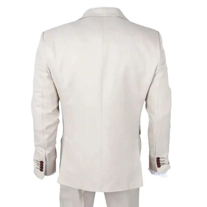 Men's beige tailored fit wedding suit made from high-quality fabric, featuring a classic blazer with structured shoulders and buttoned cuffs, ideal for formal occasions.