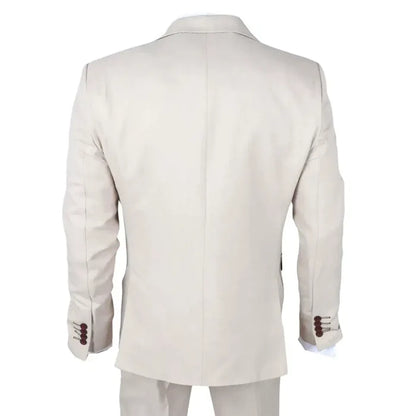 Men's beige tailored fit wedding suit made from high-quality fabric, featuring a classic blazer with structured shoulders and buttoned cuffs, ideal for formal occasions.