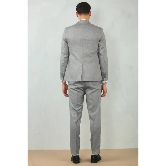 Men's grey tailored fit wedding 3-piece suit with matching jacket, vest, and trousers, made of high-quality fabric, worn by a male model from the back