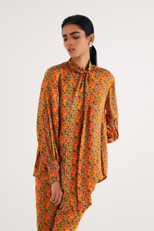 Indian Yellow Silk Floral Printed Shirt