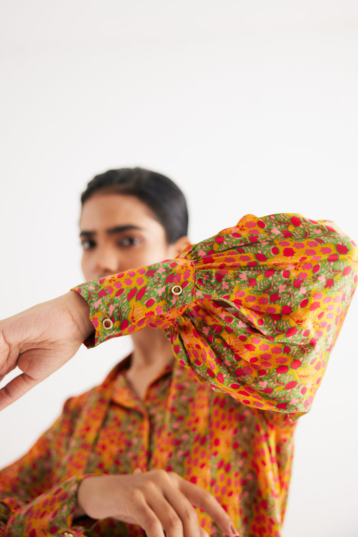 Indian Yellow Silk Floral Printed Shirt