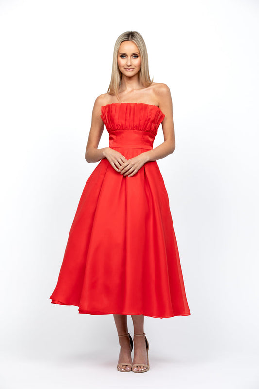 Itzi Ruffled Tea Length Midi Red - Dress - Bariano