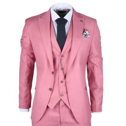 Men's pink tailored fit 3-piece suit with a stylish jacket, matching trousers, and a coordinating waistcoat, perfect for formal occasions.