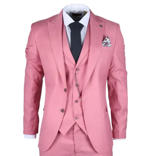 Men's pink tailored fit 3-piece suit with a stylish jacket, matching trousers, and a coordinating waistcoat, perfect for formal occasions.