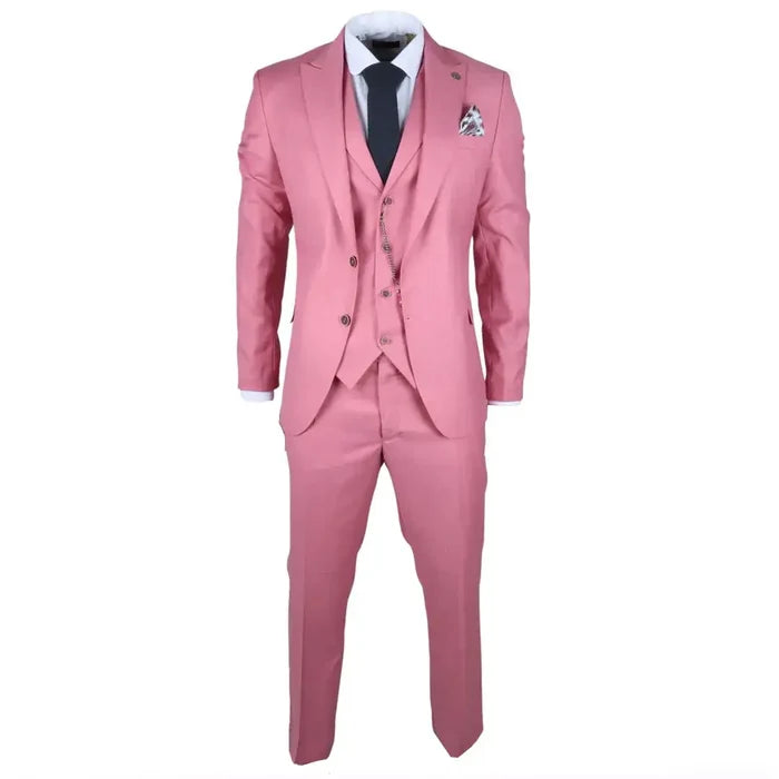Close-up of a pink men's suit jacket with a white shirt, dark tie, pocket square, and chain detail, emphasizing stylish formalwear.