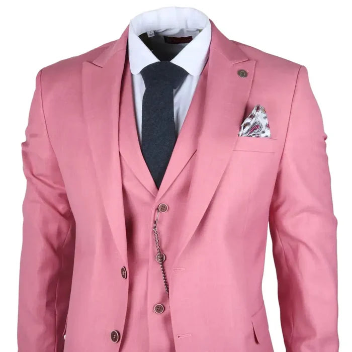 Pink men's 3-piece suit with a fitted jacket, matching trousers, and waistcoat, designed for stylish formal events.