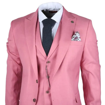 Pink men's 3-piece suit with a fitted jacket, matching trousers, and waistcoat, designed for stylish formal events.