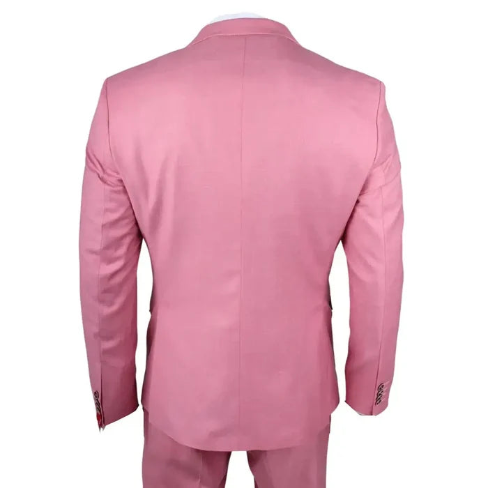 Back view of pink tailored men's suit jacket with structured fit and detailed sleeve buttons, perfect for formal occasions