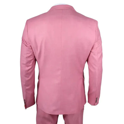 Back view of pink tailored men's suit jacket with structured fit and detailed sleeve buttons, perfect for formal occasions
