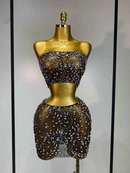 Jinnie Sparkling Rhinestone Sheer See-Through Bodycon Dress for Women