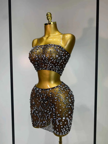 Jinnie Sparkling Rhinestone Sheer See-Through Bodycon Dress for Women