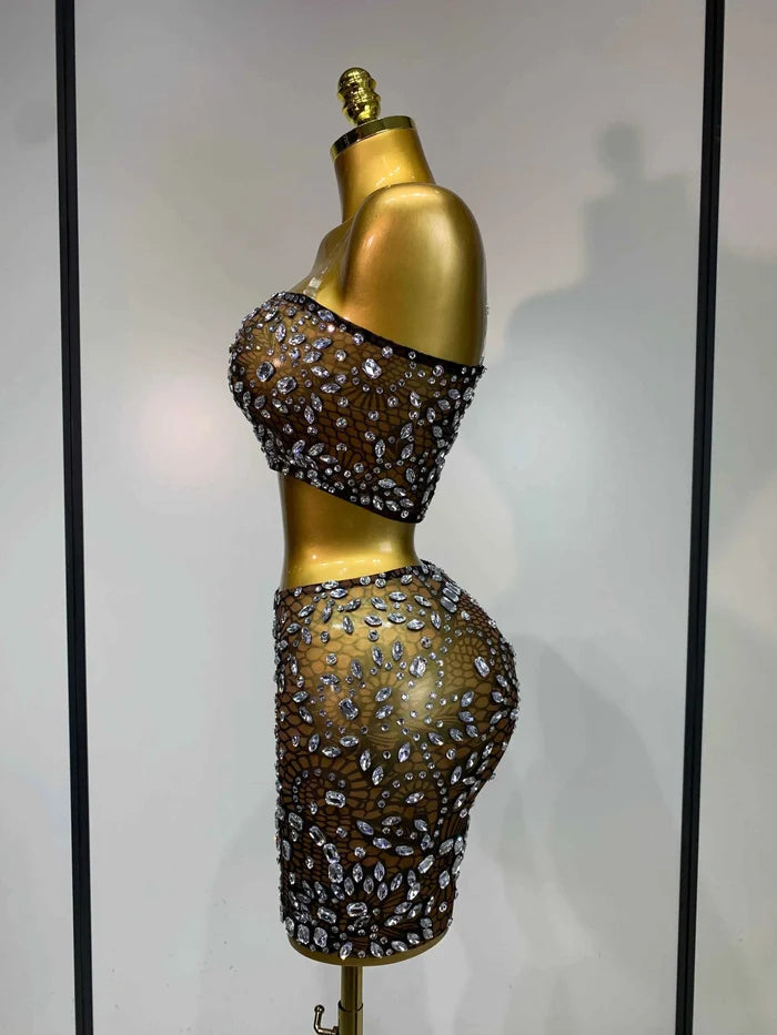 Jinnie Sparkling Rhinestone Sheer See-Through Bodycon Dress for Women