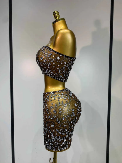 Jinnie Sparkling Rhinestone Sheer See-Through Bodycon Dress for Women