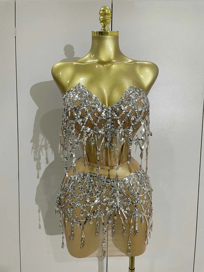 Julie sparkling silver sequins two-piece birthday party dress for women night out