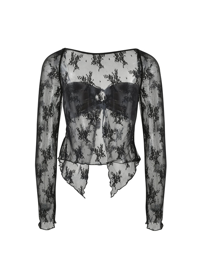 The KAROLINA LONG SLEEVE TOP - BLACK : LACE from TIGERMIST is a long-sleeved blouse featuring a subtle floral pattern and a sweetheart neckline with a built-in bustier. This semi-sheer blouse has a handkerchief hem, offering both style and elegance.