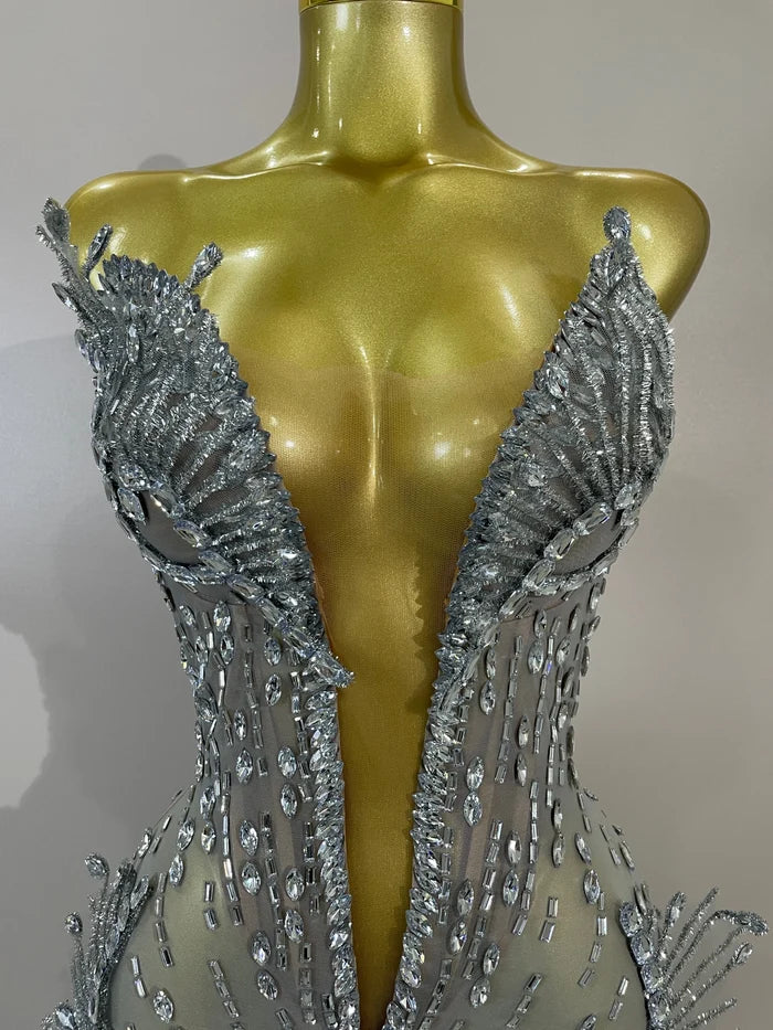 Kiara deep V silver diamond mesh mini dress for women. Sexy sparkly outfit for birthdays, nightclub, and stage events.