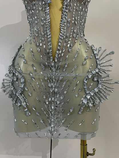 Kiara deep V silver diamond mesh mini dress for women. Sexy sparkly outfit for birthdays, nightclub, and stage events.