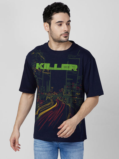 Killer Men Navy Blue Printed Round Neck T-Shirts