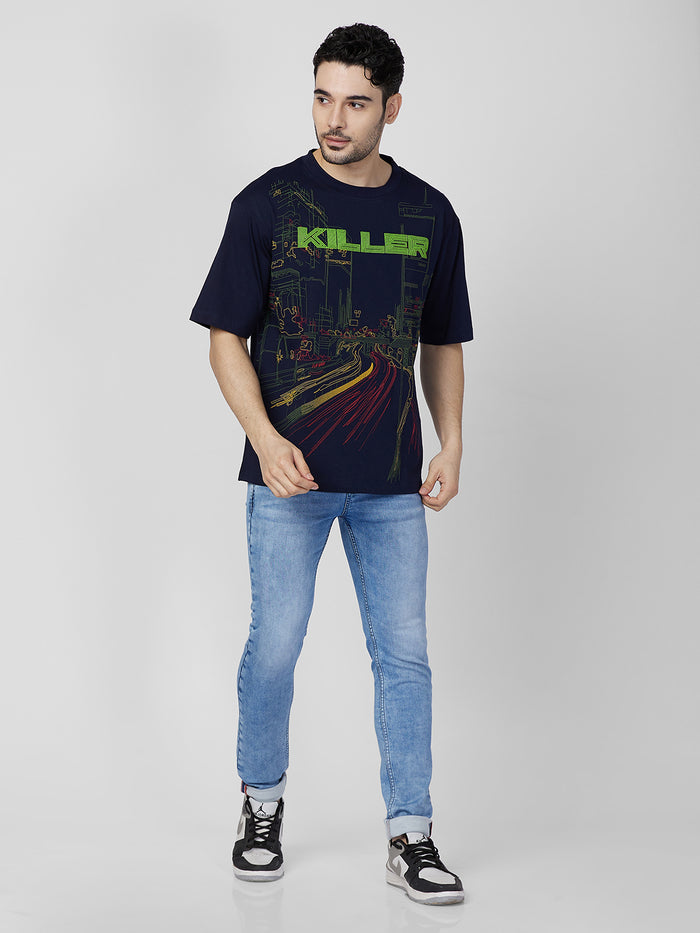 Killer Men Navy Blue Printed Round Neck T-Shirts