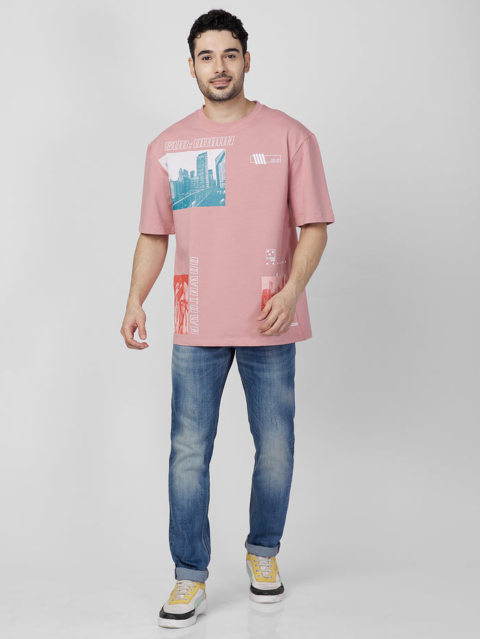 Killer Men Pink Printed Round Neck T-Shirts